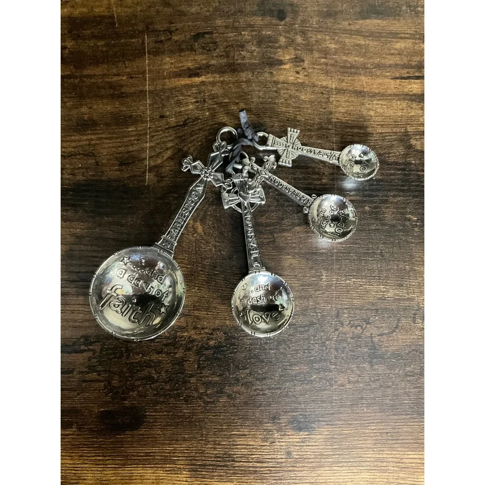 Faith Love Hope Joy Cross Measuring Spoon Set Pewter Tone Metal 4 Piece Kitchen